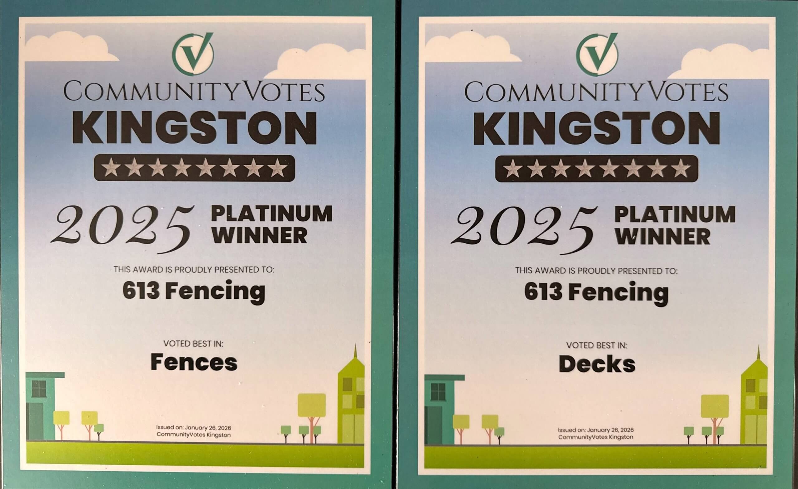 CommunityVotes Kingston 2025 Platinum Winner awards presented to 613 Fencing for Best Fences and Best Decks